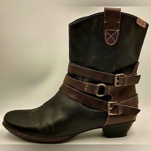 Pikolinos Leather Buckle Booties. Black and brown. Size 40/US 9.5